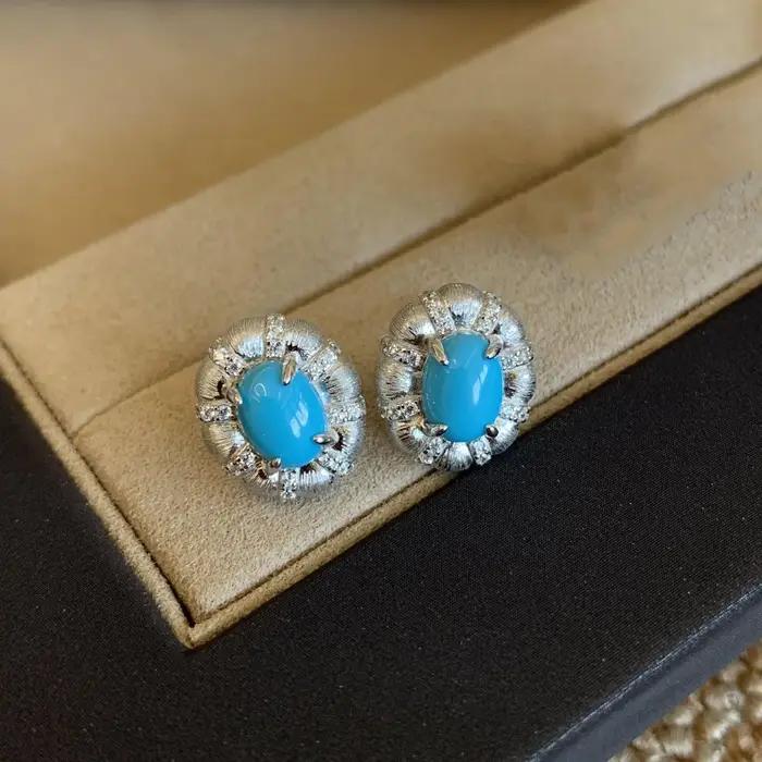 Argent 925 lumière luxe haute qualité turquoise boucles d'oreilles pour les femmes mode ovale fil tréfilage bleu