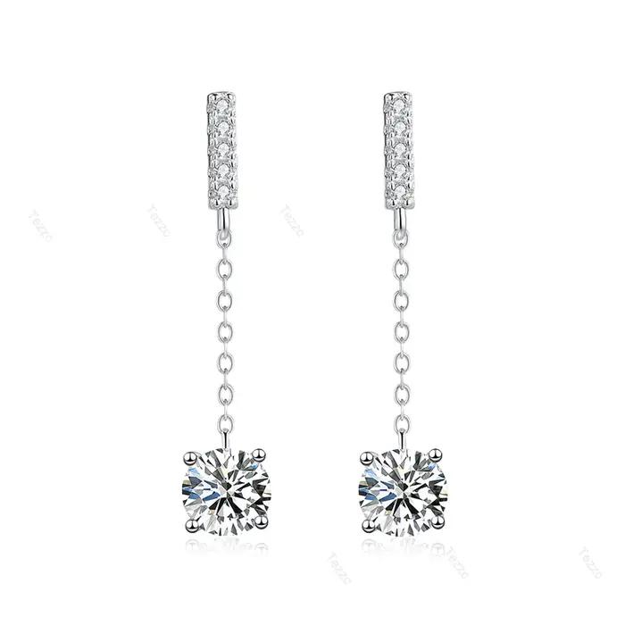 Boucles d'oreilles pendantes Tezzc 1ct avec chaîne longue et pampilles pour femme, en argent 925 vér
