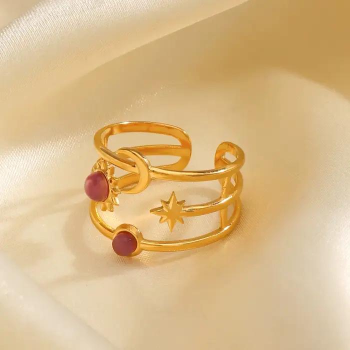Bohème lune étoile soleil rose strass anneau ouvert en acier inoxydable couleur or femmes mode anneaux imperméables bijoux en gros