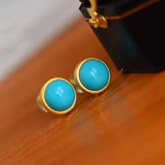 Boucles d'oreilles rondes turquoises incrustées en argent, rétro cool, breloque sable or léger, arti