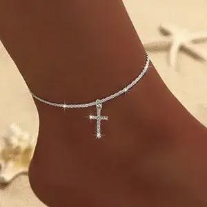 Bracelet de cheville Simple et brillant pour femmes, pendentif croix, couleur argent, bijoux élégants, Bracelet de plage, cadeaux sur pied