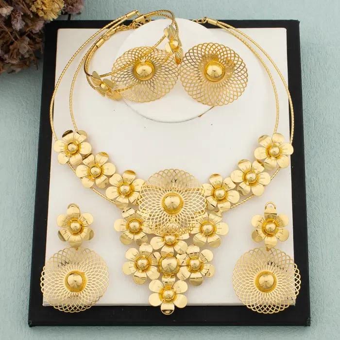 Ensemble de bijoux plaqué or de Dubaï pour femme, boucles d'oreilles, collier, cuivre, plusieurs pet