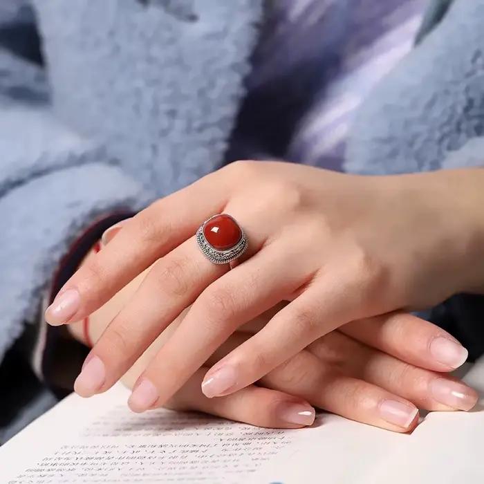Bague en argent thaïlandais rétro en Agate rouge du sud pour femmes