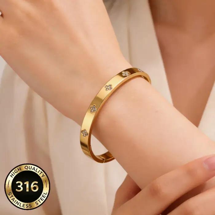 Bracelet Trèfle à Quatre Feuilles pour Femme, en Acier Inoxydable avec Incrustation de Diamants, Bra