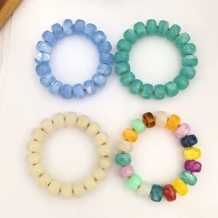 Bracelet élastique rond en résine pour femme, couleur or, perles baril PVD, grand acier inoxydable, étanche, fait main, DIY, bleu beige