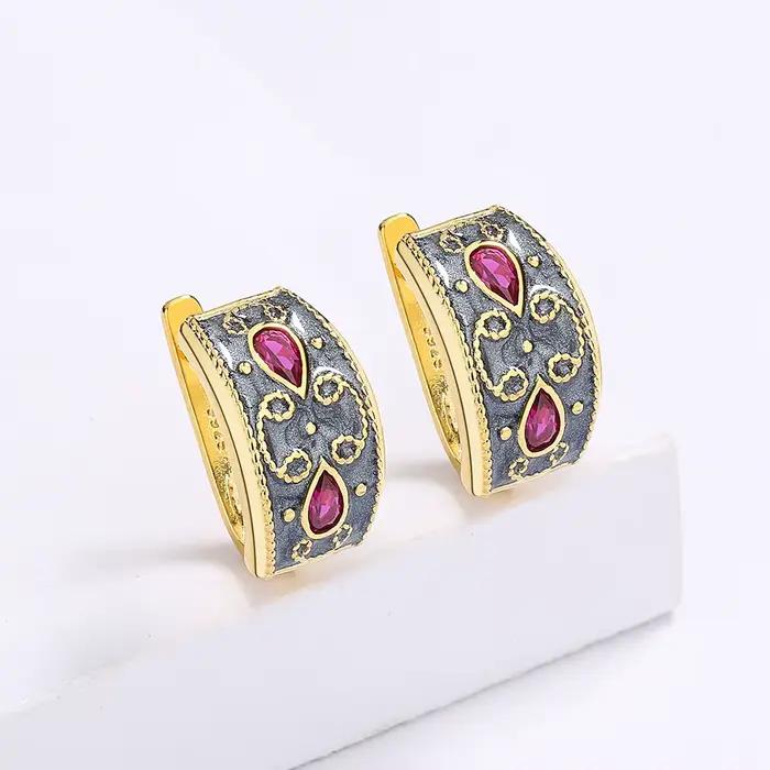 Boucles d'Oreilles Incrustées d'Or en Argent Sterling 925 Émail Bicolore Rouge Classiques pour Femmes Occasions Spéciales