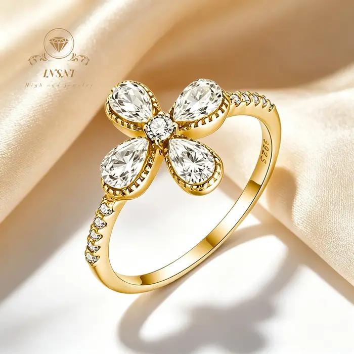 Bague trèfle en argent S925 avec moissanite 1,5 carat pour femme, bijou polyvalent de luxe léger, ca
