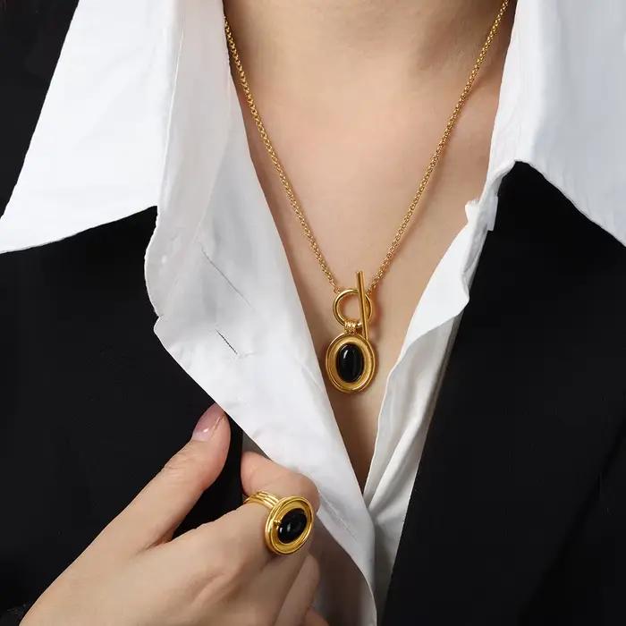 Ensemble de bijoux pendentif en agate noire pour femme
