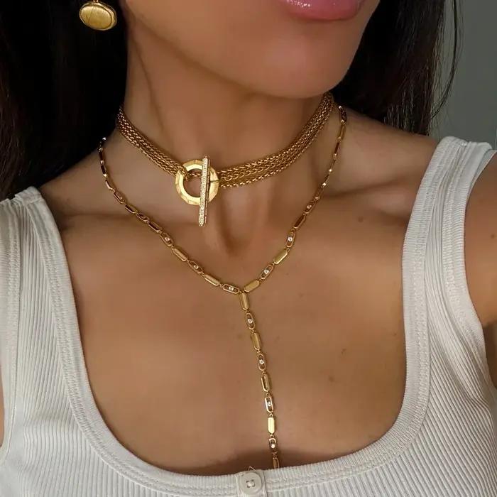 Nouveau Collier Ras du Cou en Y avec Breloques Géométriques Rectangulaires Bling Micro-Pavé CZ