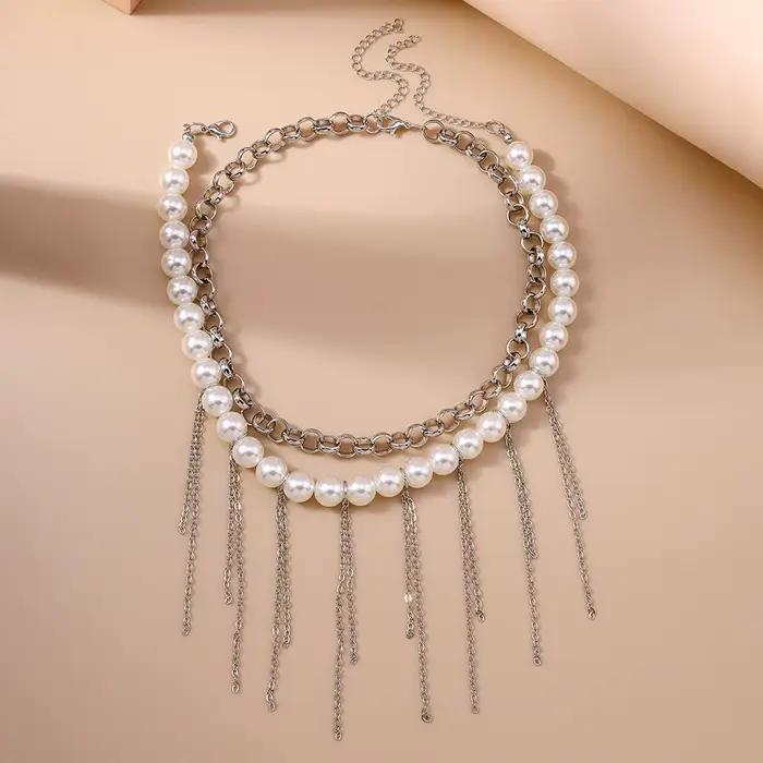 Collier Aihua multicouche à longues pampilles et perles d'imitation pour femme, collier ras-du-cou tendance avec perles, bijoux de mariage Y2K, cadeaux