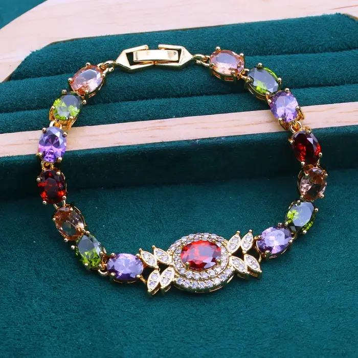 Bracelet tennis plaqué or 18 carats, zircone multicolore, élégant, style rétro, tenue quotidienne, cadeau de Noël
