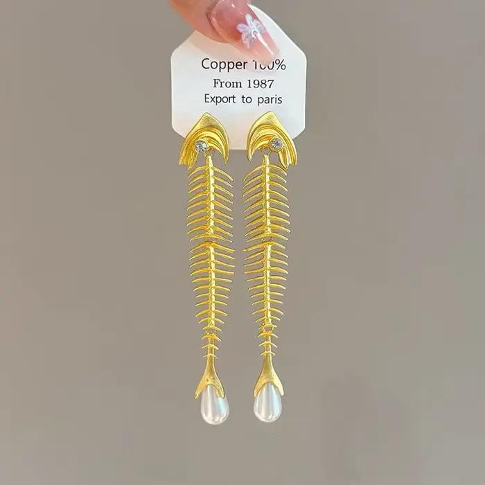 Boucles d'oreilles de luxe en arête de poisson pour femmes, exquises, Vintage, goutte d'eau, Punk ex