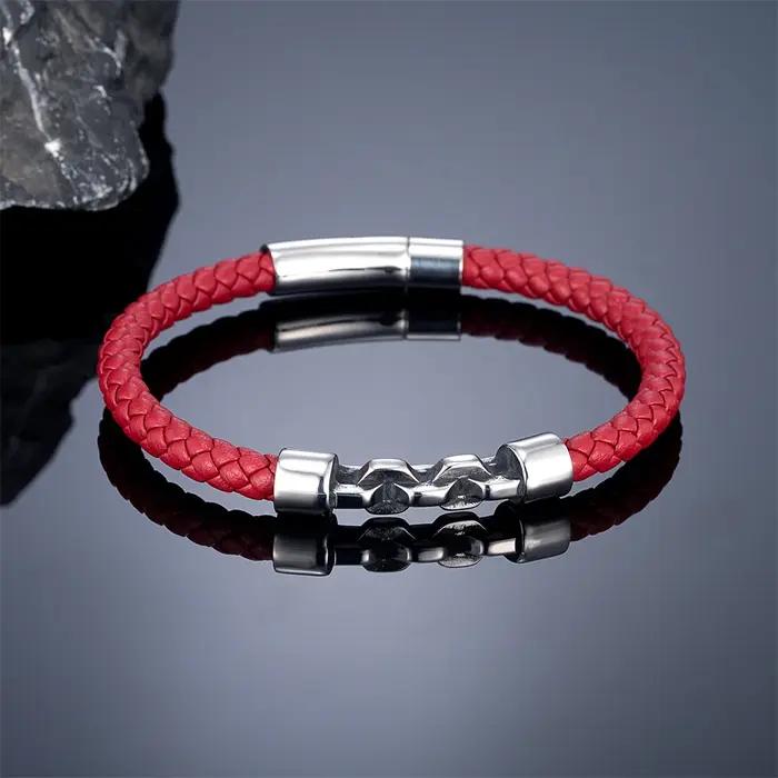 Bracelet en cuir tressé noir/rouge/bleu 6mm pour hommes, fait à la main, chaîne à maillons en acier inoxydable, bijoux Vintage, cadeaux de Couple