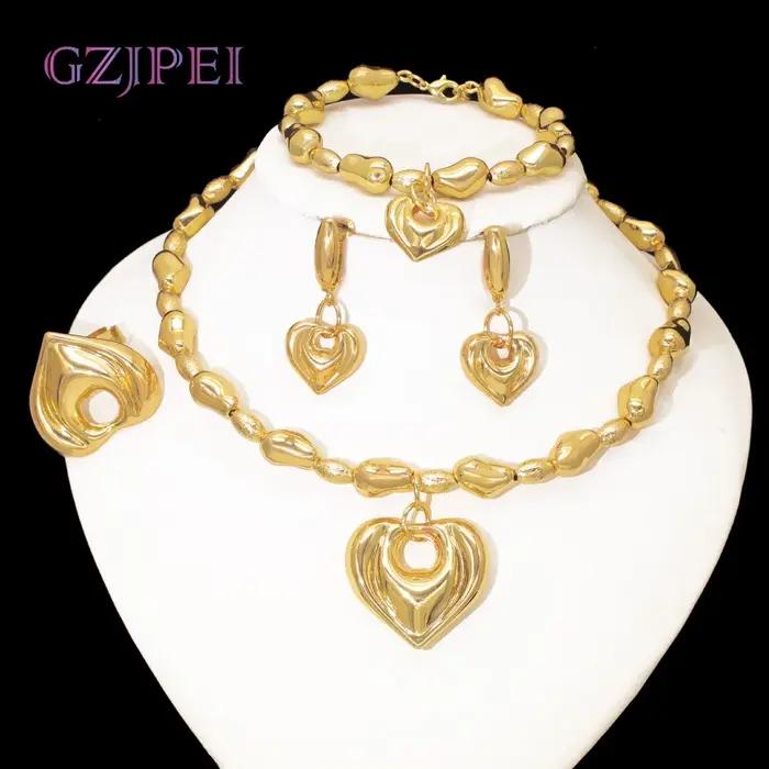 GZJPEI 2025 nouvel amant coeur ensemble de bijoux exquis perles métalliques bracelet à breloques coeurs pendentif collier cadeaux de noël à la mode