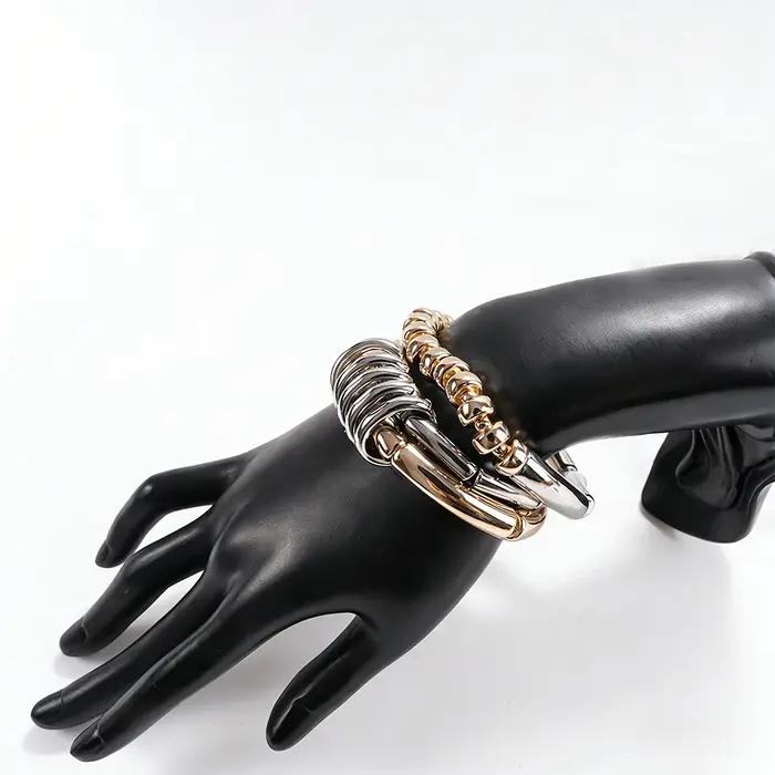 Ensemble de bracelets modernes bicolores en maille interlock, 2 pièces, bijoux tendance pour brunch,