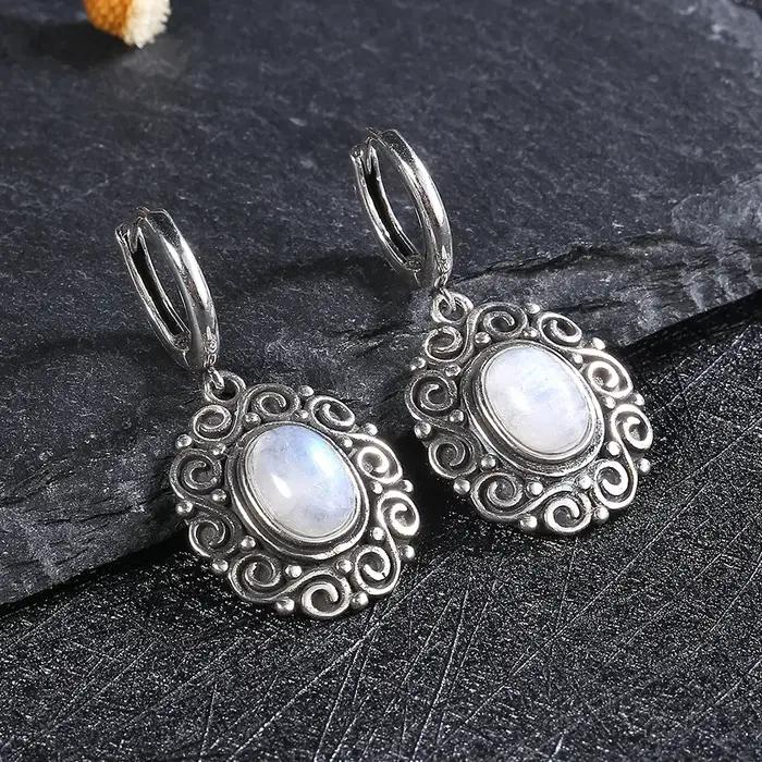 Boucles d'oreilles ovales en argent Sterling 925 avec pierre de lune et améthyste pour femmes occasions spéciales mariage elegant
