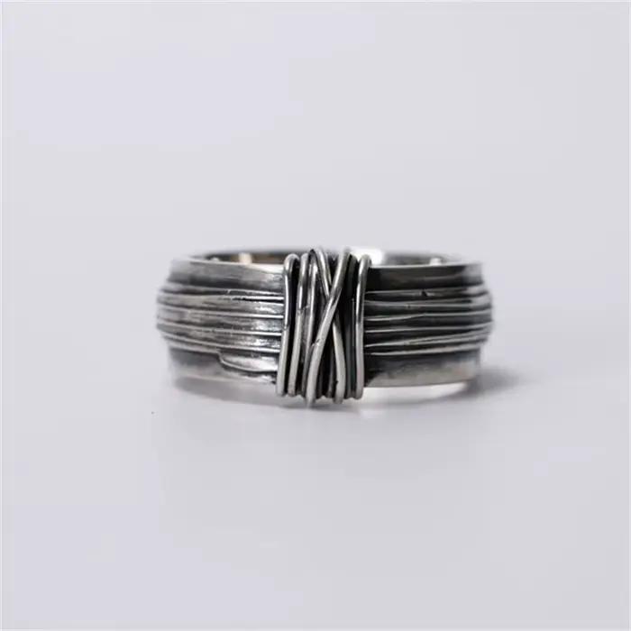 Bague multi-lignes enveloppée brossée Vintage pour hommes, bijoux d'ouverture personnalisés, argent