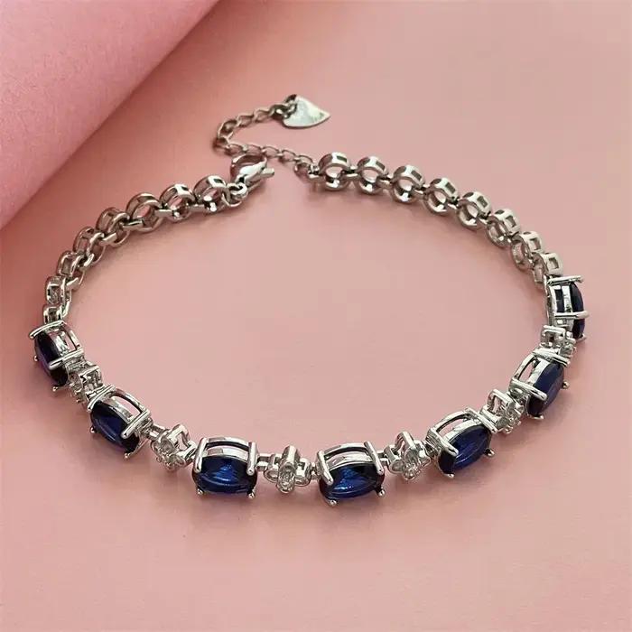 Bracelet en argent sterling 925 avec pierre précieuse bleu foncé