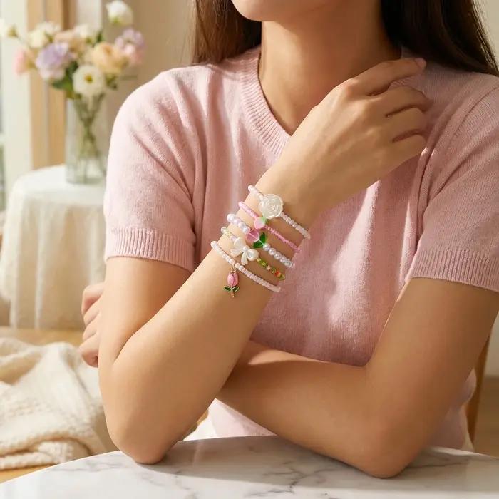 Ensemble de bracelets délicats à fleurs et perles pour femmes