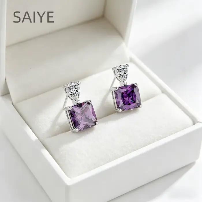 Boucles d'oreilles pendantes en cristal violet pour femmes, zircon taillé carré en forme de goutte d'eau, clous d'oreilles en argent 925, bijoux de mariée