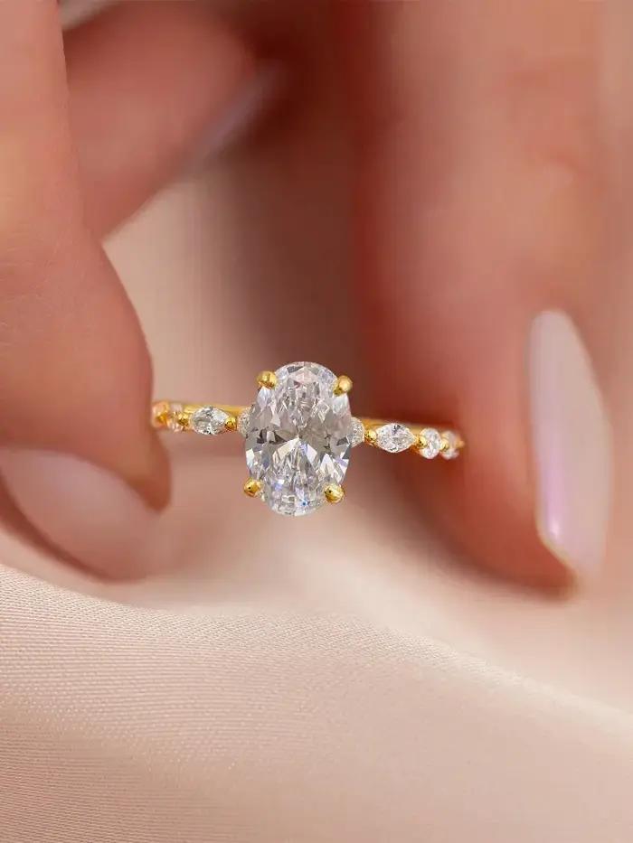 Bague ronde ovale dorée en argent Sterling 925 et Zircon pour femmes