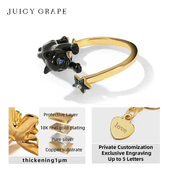 Bague réglable en émail plaqué or 18 carats fait à la main avec chat noir juteux