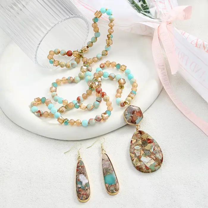 Mode bohème femmes bijoux 6mm pierre naturelle cristal verre noeud collier géométrique empereur pierre pendentif collier boucles d'oreilles