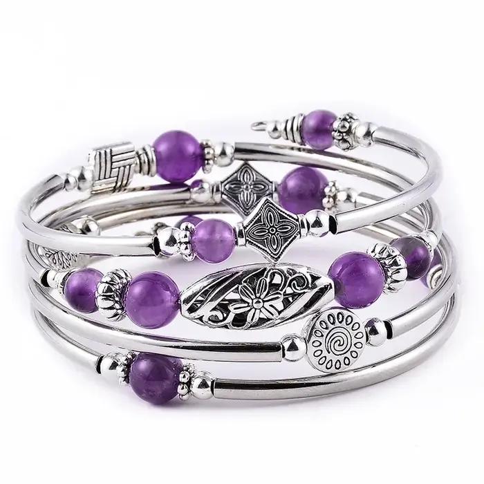Bracelet rond superposé avec pierre d'agate naturelle
