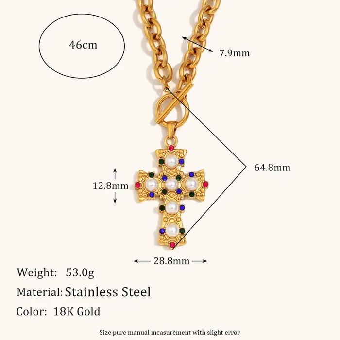 La. Collier et boucles d'oreilles pour femme en acier inoxydable avec pendentif croix incrusté de zircon coloré et de