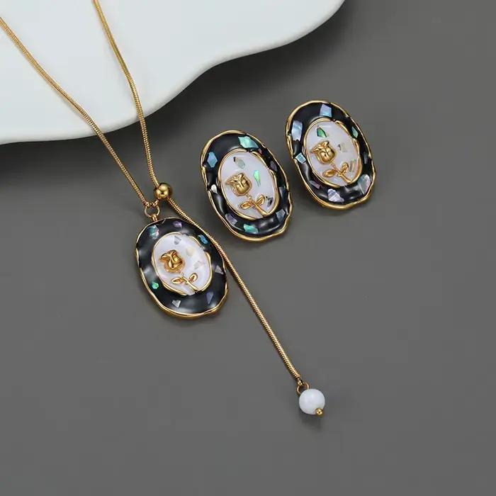 EILIECK – ensemble de collier et boucles d'oreilles ovales en émail avec fleurs