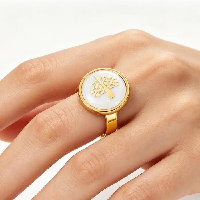 Bague Arbre de Vie en acier inoxydable avec motif d'arbre et émail blanc pour femmes, alliance de mariage, cadeau d'anniversaire, bijou tendance pour toutes les occasions
