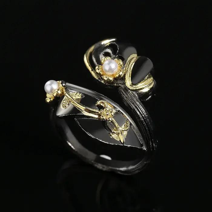 Bague élégante en or noir pour femme, bijoux en forme de cuir chevelu, bijoux en perles bicolores, h