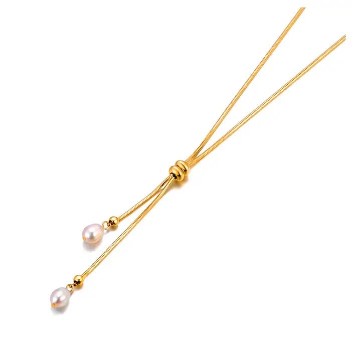 JeeMango-Collier pendentif en perles d'eau douce naturelles pour femme, acier inoxydable exquis, bij
