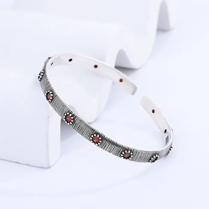 Bracelet rétro en argent thaïlandais pour femme, fleur élégante, cristal brillant, bijoux féminins,