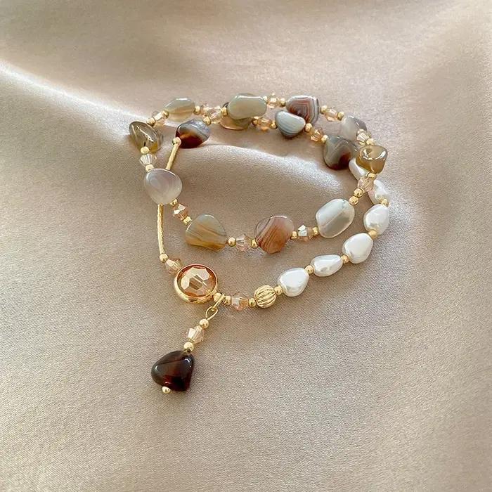 Bracelet de perles en pierre pour femme design rétro chaîne délicate bijou main double couche cadeau occassionnels