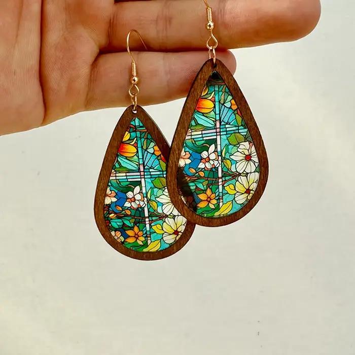 Boucles d'oreilles en mosaïque de verre coloré pour femmes, nouveau modèle 2024, motif kaléidoscope, bois, acrylique, colorées et brillantes, boucles d'oreilles statement, vente en gros