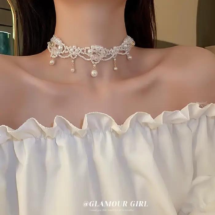 Collier ras du cou en perles Vintage pour femmes