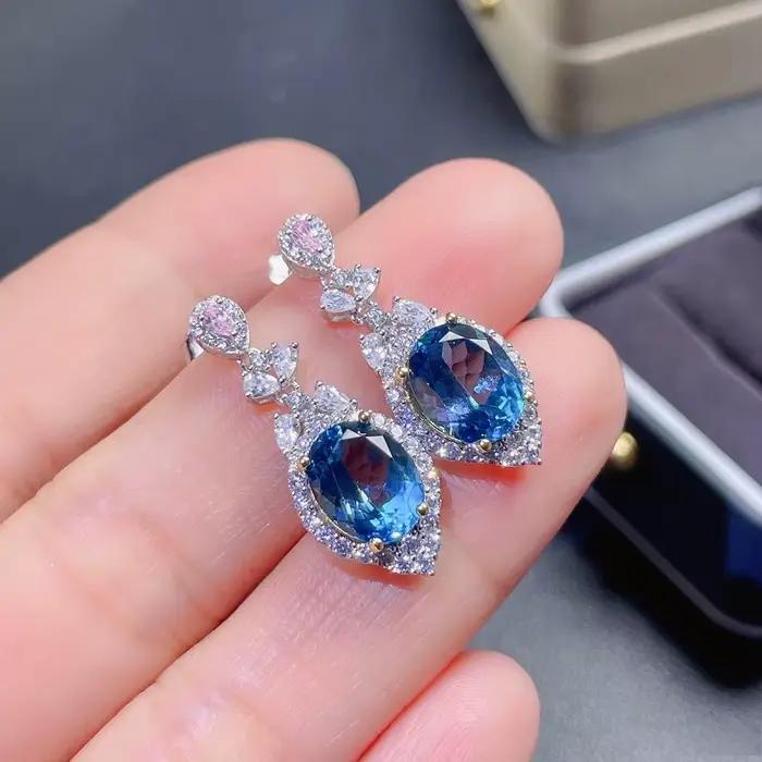 Boucles d'oreilles en argent regardé 100% véritable saphir naturel