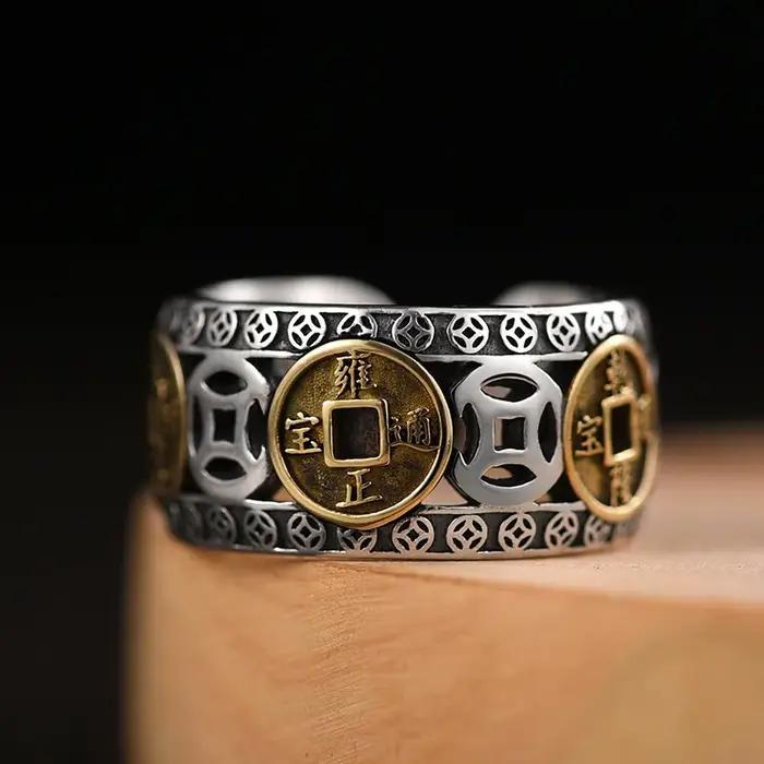 Bague d'ouverture de pièce de monnaie en cuivre rétro chinois pour hommes et femmes