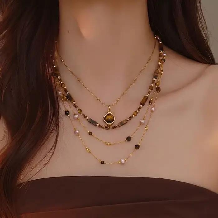 Ensemble de colliers superposés en imitation perle œil de tigre Maillard pour femmes, 3 pièces, chaîne en acier inoxydable perlée, bijoux élégants vintage, cadeau