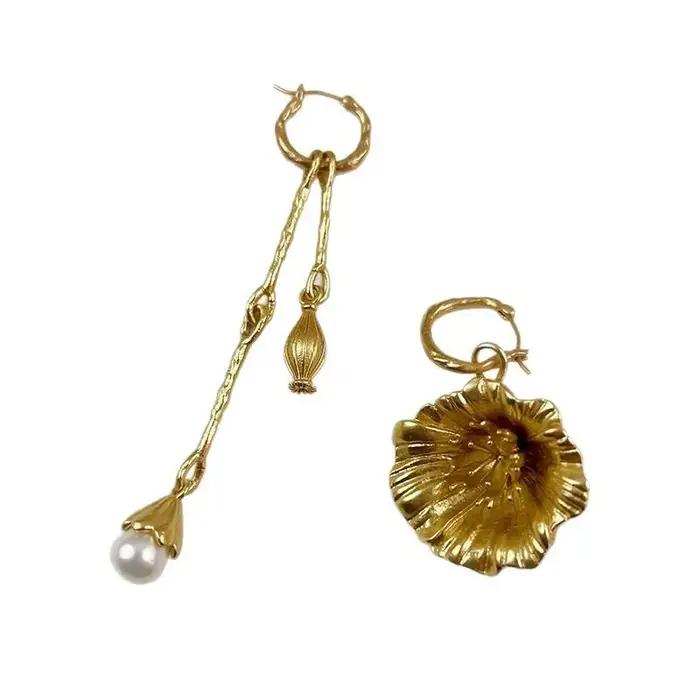 Boucles d'oreilles rétro asymétriques en forme de fleur de coquelicot pour femmes