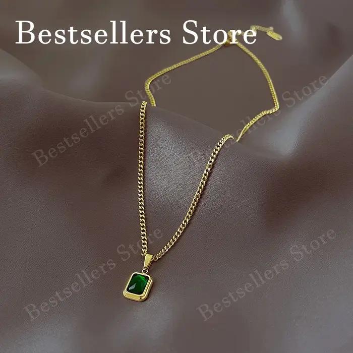 Collier à breloques en argent sterling 925 de 18 pouces avec émeraude et zircon – Bijou élégant