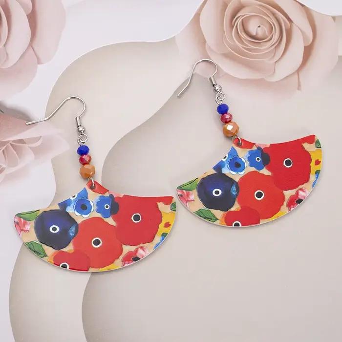Boucles d'oreilles en acrylique en forme d'éventail à motif de fleurs colorées pour femmes, style vintage, légères, charmantes, bijoux élégants à porter au quotidien