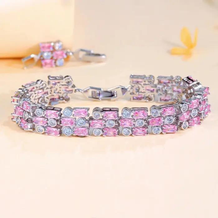 Pera élégant femmes grande chaîne de Tennis large Bracelets rose Zirocnia 3 rangées conception main décor mariage fête des mères bijoux cadeau B041