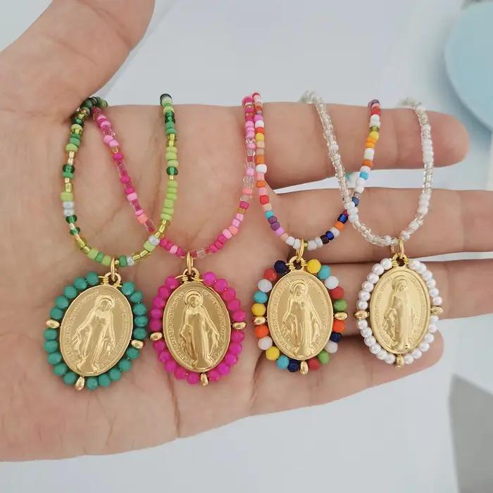 QMHJE vierge marie pendentif en acier inoxydable collier à breloques femmes tour de cou perles chaîne or argent couleur arc-en-ciel coloré bijoux