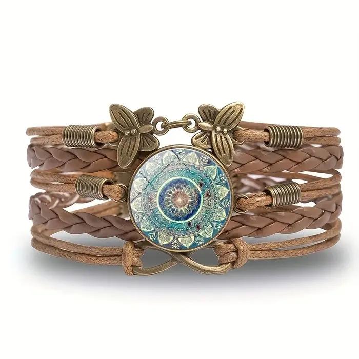 Boho Mandala fleur verre dôme Bracelet en cuir Vintage multicouche marron tissé Bracelet pour femmes