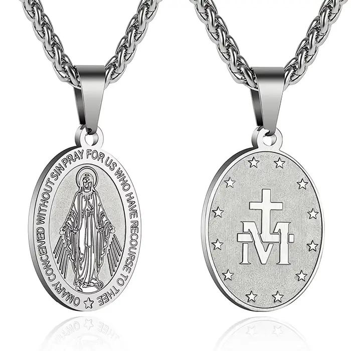 Collier médaille miraculeuse catholique en acier inoxydable, pendentif Notre-Dame Vierge Marie, bijo
