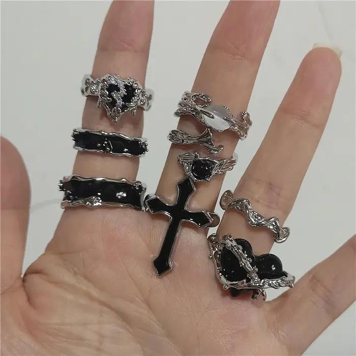 Punk Harajuku Goth épines noir argent couleur coeur irrégulier croix anneau ouvert pour femmes hommes amoureux Vintage années 90 Y2K Grunge bijoux