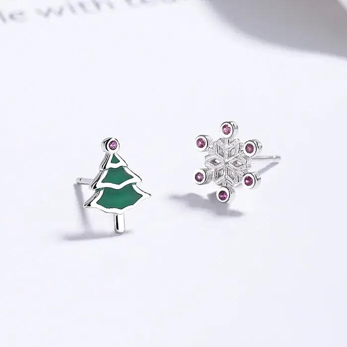 Boucles d'oreilles festives et féminines en forme d'arbre de Noël et de flocon de neige 2025, argent sterling S925