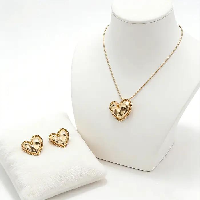 Ensemble de bijoux cœur texturé doré, 2 pièces, accessoire pour brunch, rendez-vous, tenues élégante